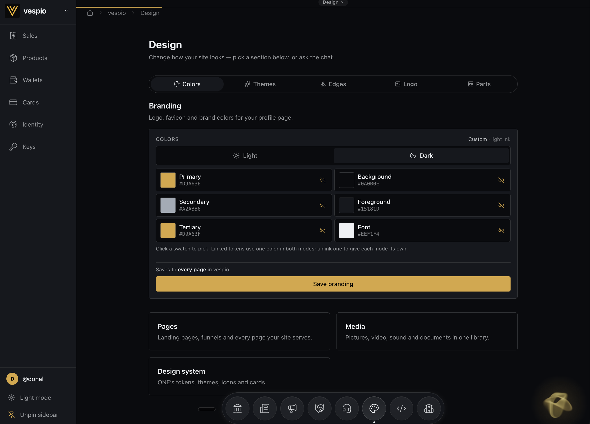 The Design screen: brand colours, themes, logo and parts for every page